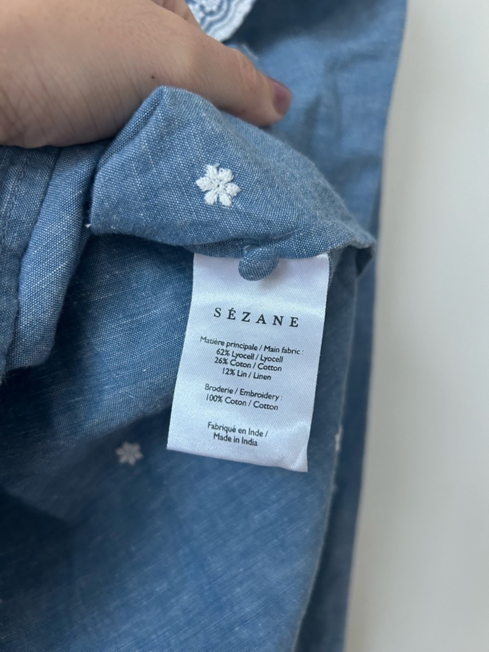 Sezane Francesca Chambray Blouse Blue White Embroidered Off Shoulder Ruffle Top - Picture 8 of 12